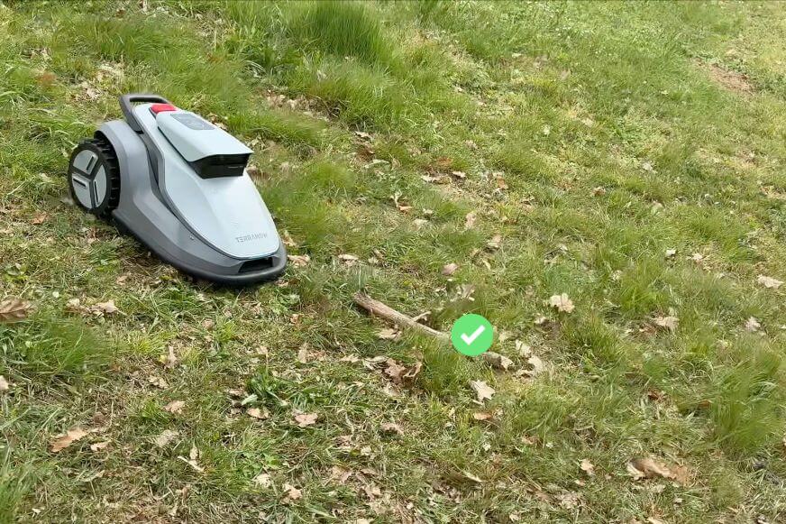 TerraMow V1000 weicht einem flachen Stock auf einem Hangbereich im Garten aus